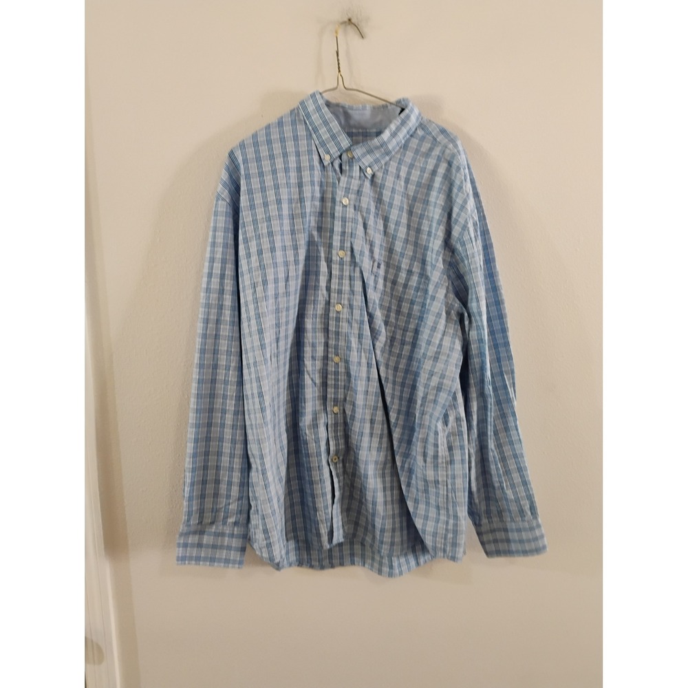 IZOD Premium Essentials Mens XXL Blue White Plaid Long Sleeve Button Down Shirt